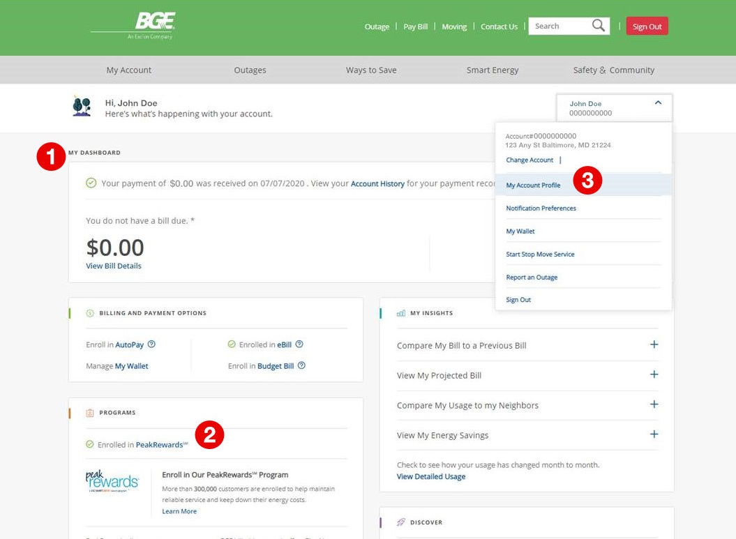 screenshot showing how to log in to your BGE account and access your account profile