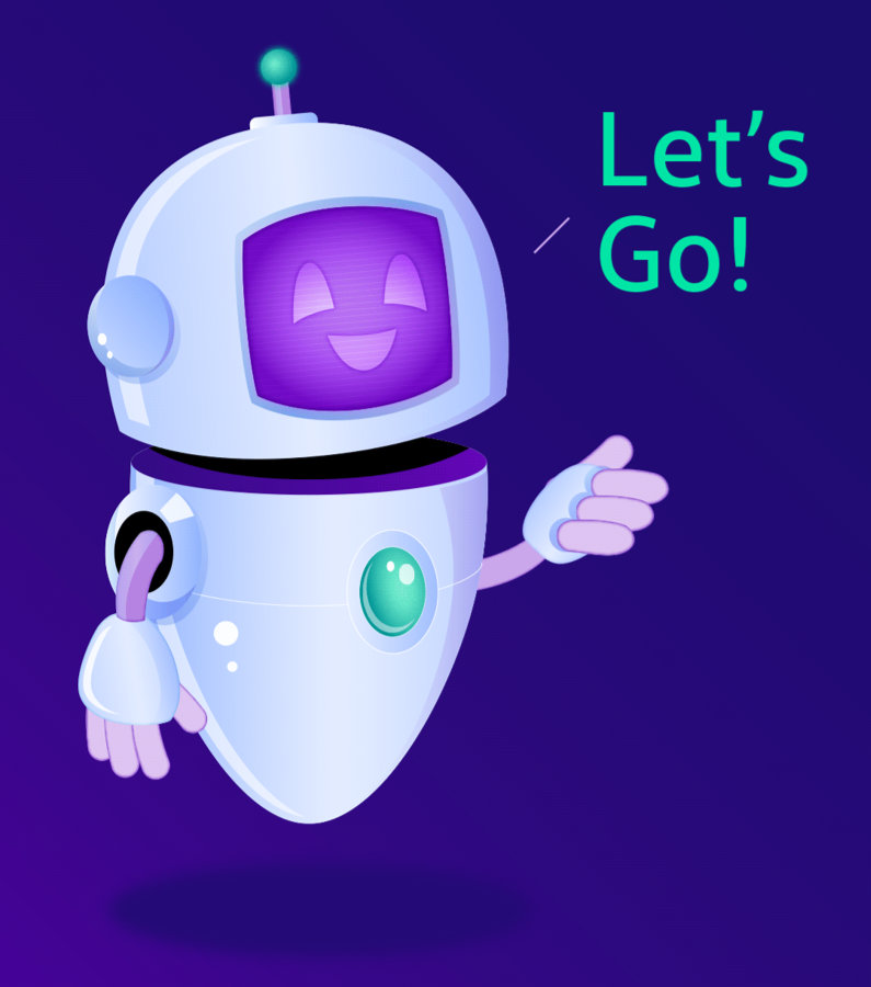 cartoon robot 'Chip' with the word 'Let's Go!'
